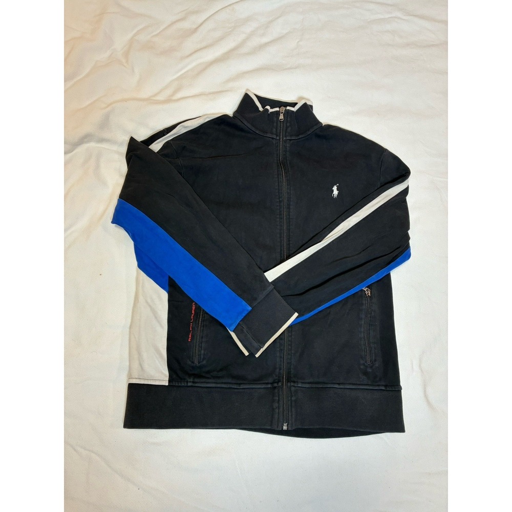 Polo Ralph Lauren Men's L Track Jacket Black Blue White Full Zip Cotton Pony